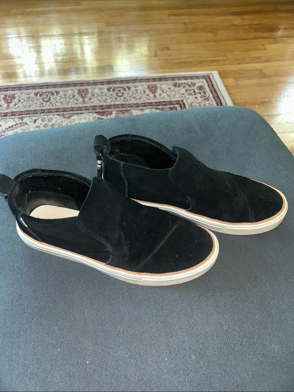 Toms Black Suede Slip-On Loafers with White Trim